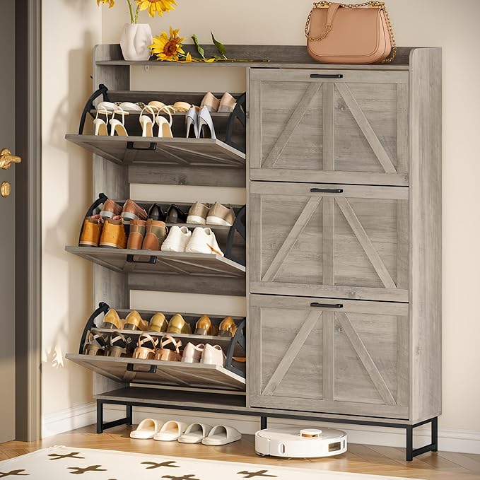 Shoe Cabinet Storage for Entryway, Shoe Storage Cabinet with 6 Flip Drawers, Freestanding Narrow Shoe Rack Organizer with Metal Legs, Adjustable Shelves & Open Storage for Foyer, Hallway, Grey
