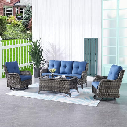 HUMMUH 4 Pieces Outdoor Furniture Patio Furniture Set Wicker Outdoor Sectional Sofa with Swivel Rocking Chairs,Outdoor Coffee Table