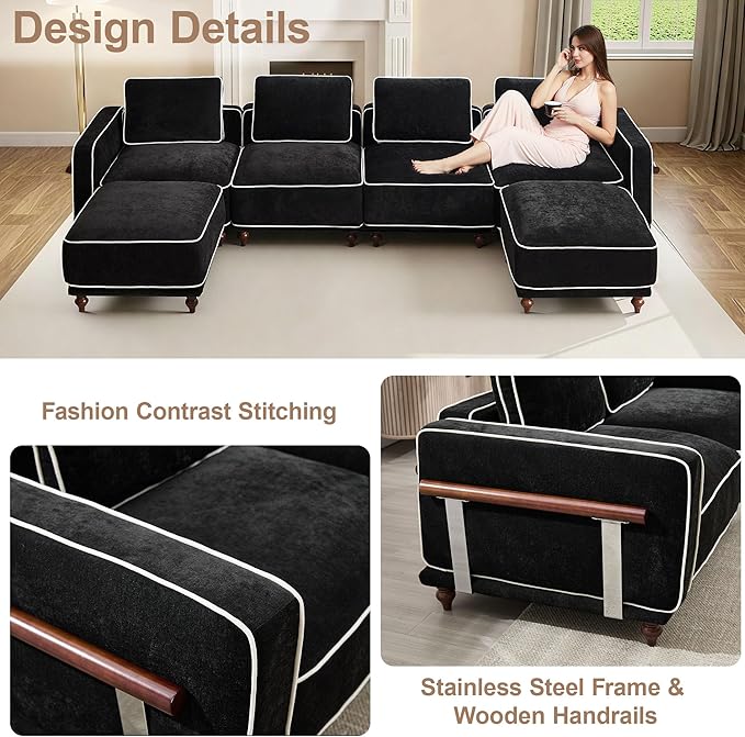 146" 4 Seater Cloud Couch with 2 Ottoman,Modular Sectional U Shaped Sofa with Armrests Wooden Legs,Oversized Deep Seat Comfy Thicked Cushion Upholstered Sofa for Living Room Bedroom,Black