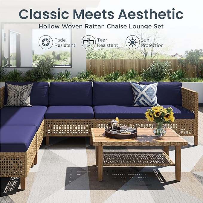 PHI VILLA Wicker Patio Furniture Set, 6 Seats Sectional Outdoor Sofa with Cushions and Acacia Wood Coffee Table, Patio Conversation Set for Garden, Backyard or Balcony, Navy Blue