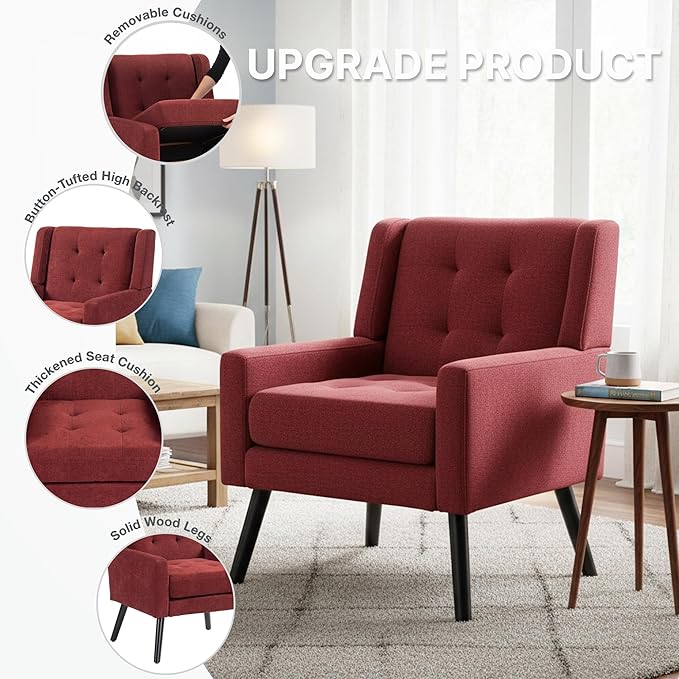 Mid-Century Modern Accent Chair, Plush Linen Fabric with Button Tufted High Back & 5" Thick Cushion, High Comfort Reading Chair for Living Room, Bedroom, Office (Red)