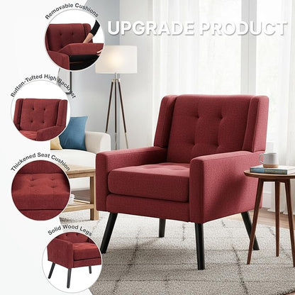 Mid-Century Modern Accent Chair, Plush Linen Fabric with Button Tufted High Back & 5" Thick Cushion, High Comfort Reading Chair for Living Room, Bedroom, Office (Red)