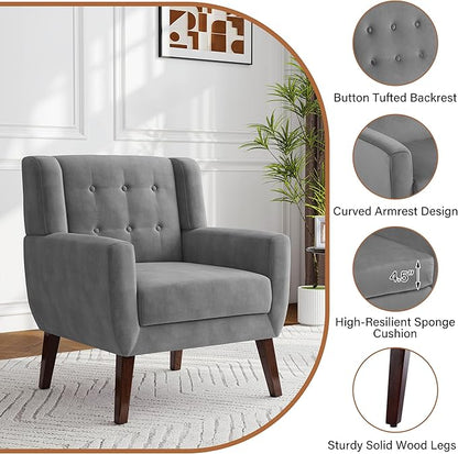 Lumibee Accent Chairs Set of 2, Velevet Fabric Armchairs for Living Room, Comfy Upholstered Arm Chairs Tufted for Indoor Bedroom Office Room (Gray Velvet)
