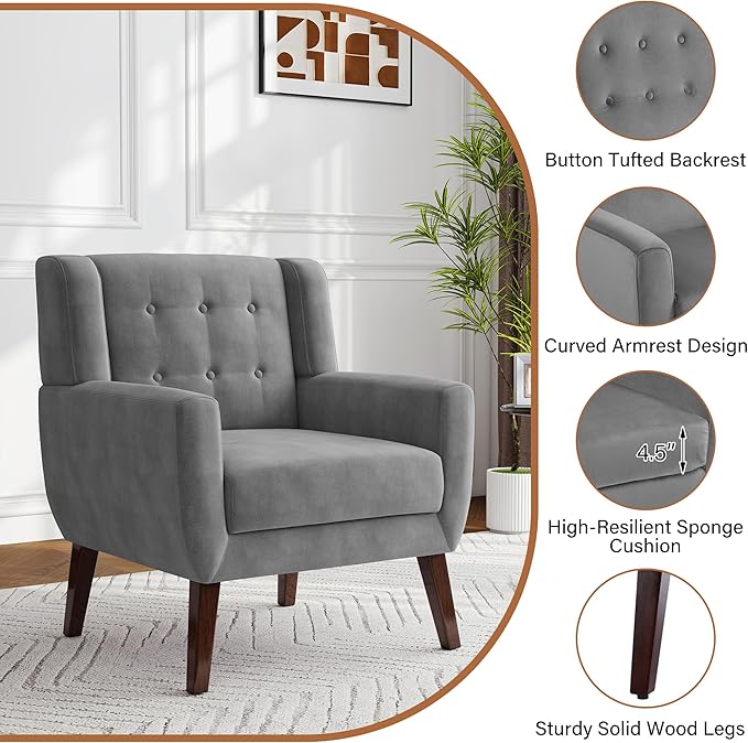Lumibee Accent Chair, Modern Velevet Armchair for Living Room, Comfy Upholstered Arm Chair Tufted for Indoor Bedroom Office Room (Gray Velvet)