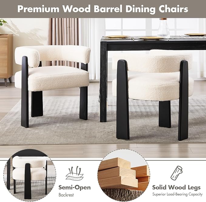 Modern Boho Dining Chairs Set of 2, White Boucle Upholstered Barrel Armchairs with Plush Teddy Fabric, Solid Black Wooden Legs, Mid-Century Accent Chairs for Dining Room, Living Room, Kitchen