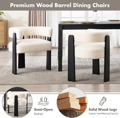 Modern Boho Dining Chairs Set of 2, White Boucle Upholstered Barrel Armchairs with Plush Teddy Fabric, Solid Black Wooden Legs, Mid-Century Accent Chairs for Dining Room, Living Room, Kitchen