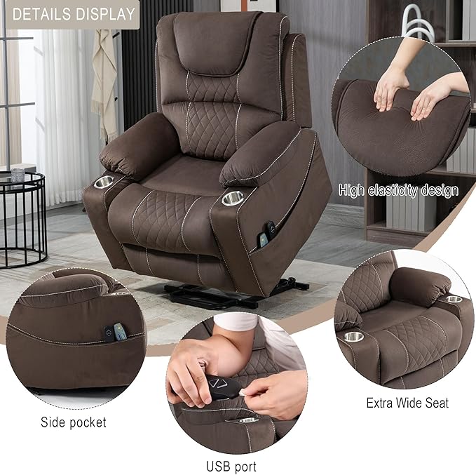 Large Power Lift Recliner Chair Sofa with Massage and Heat for Big and Tall Elderly,Infinite Positions,Single Motor,Cup Holders,and USB Ports,Velvet Home Theater Seat