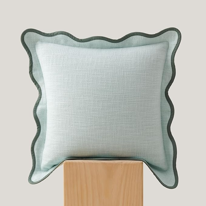 Double Stitch Scalloped Throw Pillow Covers - 100% Cotton Decorative Boho Pillow Covers 18 x 18, Made in India, Square Cushion Case, Grandmillennial Decor for Couch Sofa Living Room, Aqua Mint