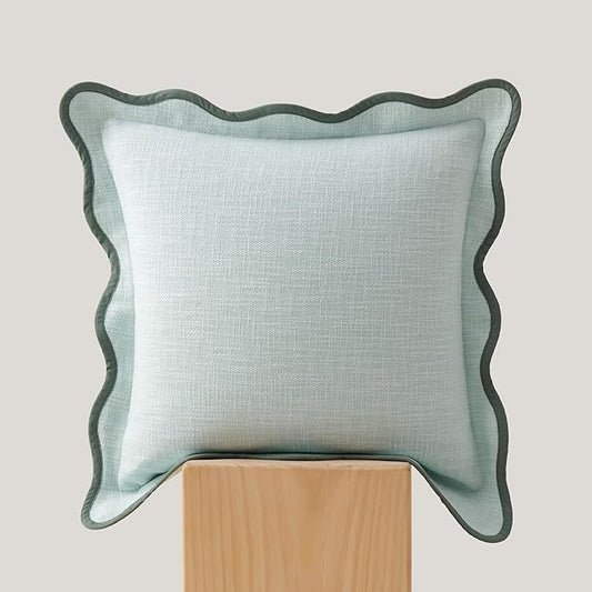 Double Stitch Scalloped Throw Pillow Covers - 100% Cotton Decorative Boho Pillow Covers 18 x 18, Made in India, Square Cushion Case, Grandmillennial Decor for Couch Sofa Living Room, Aqua Mint