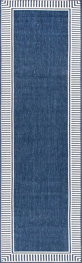 nuLOOM 2' x 6' Outdoor/Indoor Asha Area Rug, Asha Navy, Casual Design with Striped Border, Stain Resistant, Highly Durable, for Patio, Balcony, Bedroom, Living Room, Dining Room, Bathroom