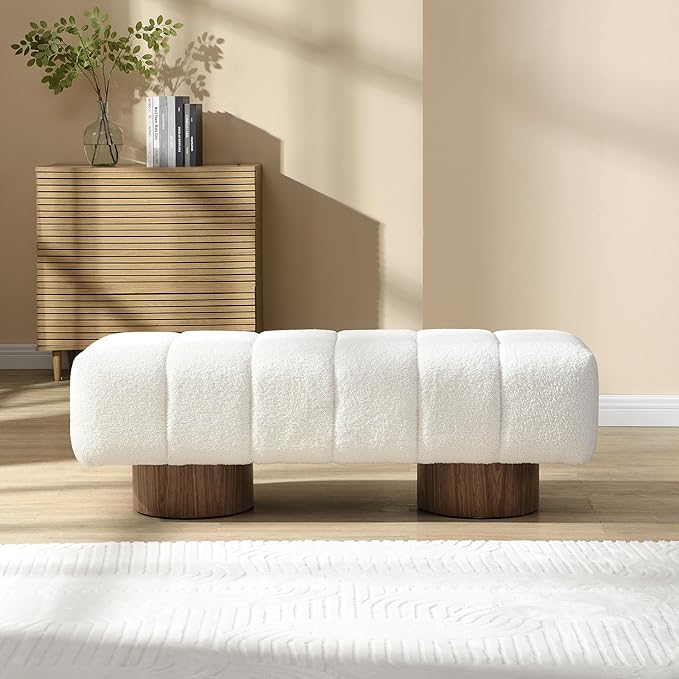 Christopher Knight Home Manila 50" Boucle Fabric Dining Bench, Rectangular Upholstery Ottoman Bench, Bedroom End of Bed Footstool, Living Room Extra Seat Footrest, No Assembly Needed, White