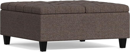 SIMPLIHOME Harrison 36 inch Wide Transitional Square Coffee Table Storage Ottoman in Mink Brown Tweed Look Fabric, Assembled, for the Living Room and Bedroom