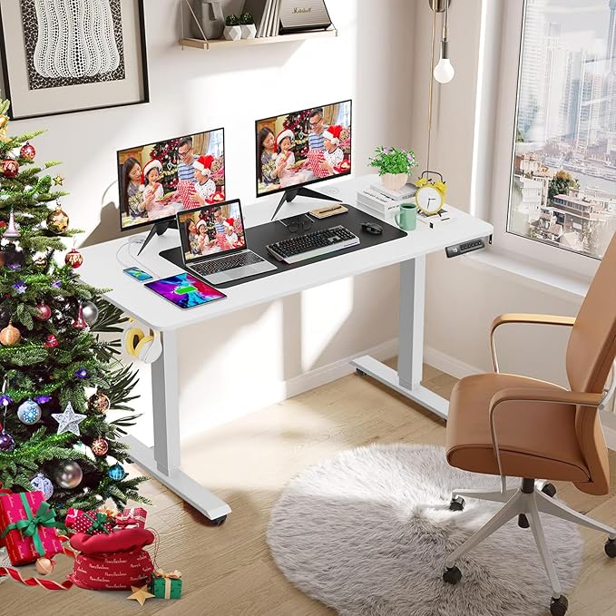farexon Electric Standing Desk Adjustable Height, 48x24 Inches Stand Up Desk with 4 Preset Heights, Lockable Casters, Double Hooks,27.5''-46.5'' Lifting Range Home Office Computer Desk（White）