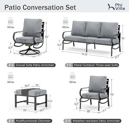 PHI VILLA 7 PCS Patio Furniture Set,Metal Outdoor Furniture with 1x 3 Seater Cushioned Deep Seating Bench Sofa, 2 Swivel Chair, 2 x Leg Chairs & 2 Ottoman for 7 Person, Grey