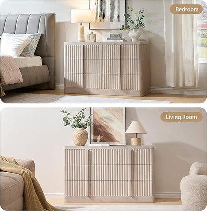 Fluted Dresser for Bedroom, 47" Wide 6 Drawer Dresser, Modern TV Stand Set, Curved Profile Design, Chest of Drawers with Solid Wood Handle for Living Room, Bedroom, Hallway