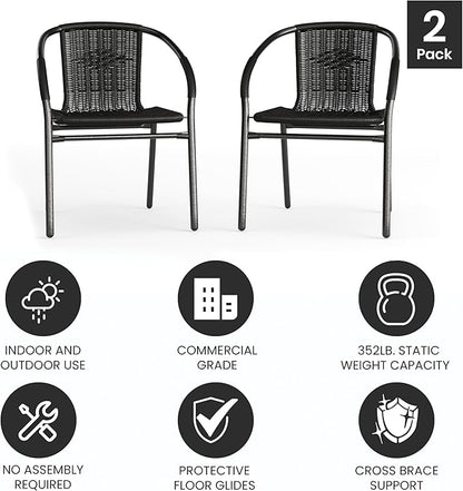 EMMA + OLIVER Set of 2 Modern Rattan Indoor/Outdoor Stack Chairs, Stacking Rattan Patio Chairs with Curved Back and Cross Bracing, Black