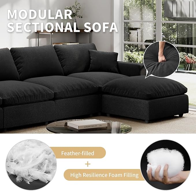 Linen Sleeper Sofa Bed,Modern Sectional Sofa Couch for Living Room,67 Inch Cloud Couches Cushion Covers Removable,Cozy Feather Down Sofa for Apartment Black