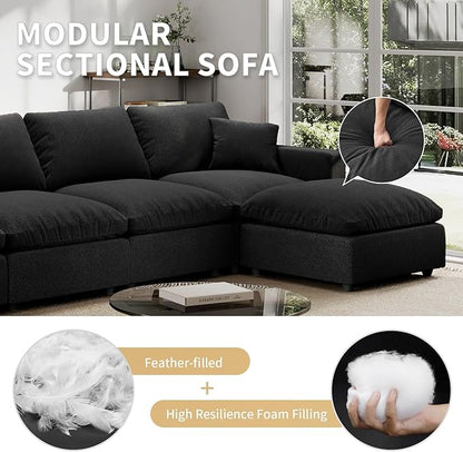 Linen Sleeper Sofa Bed,Modern Sectional Sofa Couch for Living Room,67 Inch Cloud Couches Cushion Covers Removable,Cozy Feather Down Sofa for Apartment Black