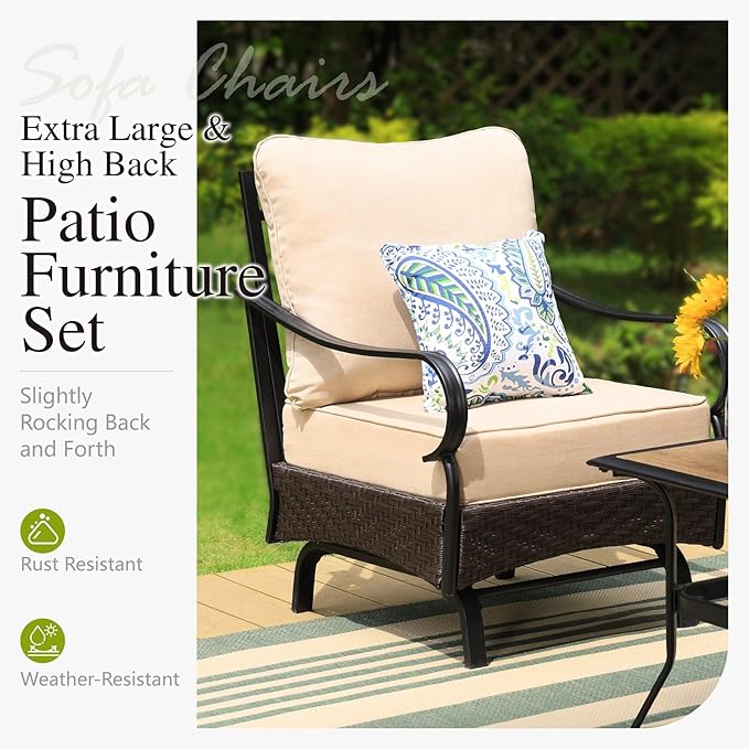 Sophia & William Metal Patio Furniture Set, 5 Seats Outdoor Conversation Set with 3-Seater Sofa, 2 Motion Chairs, 1 Coffee Table for Seating Lawn Porch Backyard,Beige