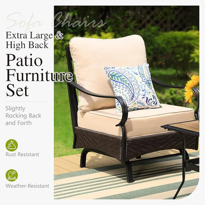 Sophia & William Metal Patio Furniture Set, 5 Seats Outdoor Conversation Set with 3-Seater Sofa, 2 Motion Chairs, 1 Coffee Table for Seating Lawn Porch Backyard,Beige