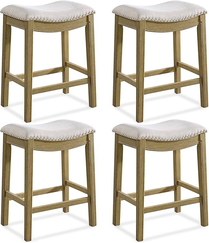 ROME + OAK Set of 4 Parker 26" Counter Stool, Backless Saddle Kitchen Barstool in Natural Wood Finish with Wheat Cream Fabric Upholstery Cushion Seat