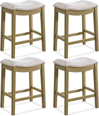 ROME + OAK Set of 4 Parker 26" Counter Stool, Backless Saddle Kitchen Barstool in Natural Wood Finish with Wheat Cream Fabric Upholstery Cushion Seat