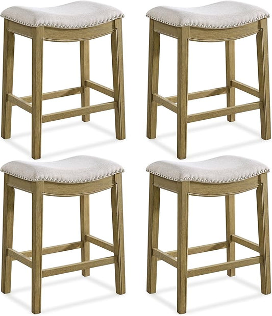 ROME + OAK Set of 4 Parker 26" Counter Stool, Backless Saddle Kitchen Barstool in Natural Wood Finish with Wheat Cream Fabric Upholstery Cushion Seat