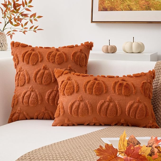 Kevin Textile Fall Pillow Covers 20x20 Inch Set of 2 Soft Pumpkins Decorative Square Pillowcases Plush Autumn Faux Fur Cushions Harvest Gift for Couch Sofa Chair Bedroom Home Decor, Brown