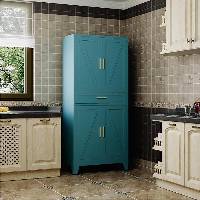 Large Metal Kitchen Pantry Cabinet with Adjustable Shelves - Freestanding Kitchen Storage Cabinet for Dining Room,Livingroom Bathroom, Hallway, Workshop, Office (Blue, 71"-1 Drawer)