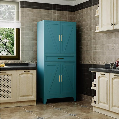 Large Metal Kitchen Pantry Cabinet with Adjustable Shelves - Freestanding Kitchen Storage Cabinet for Dining Room,Livingroom Bathroom, Hallway, Workshop, Office (Blue, 71"-1 Drawer)