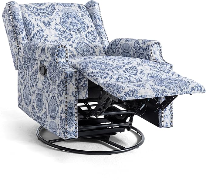 UIXE Swivel Rocker Manual Recliner Chair, Wingback Swivel Glider Fabric Nursery Reclining Sofa Chair, High Back Upholstered Arm Chair for Living Room Bedroom - Navy Floral