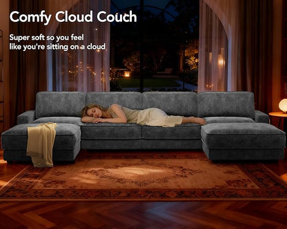 Sunny Heart 160" U-Shaped Modular Sectional Sofa, Oversized Cloud Couch with Movable Ottoman, 6-Seat Chenille Deep Seat Sofa with Pillow, Sectional Couches for Living Room, Apartment, Dark Grey
