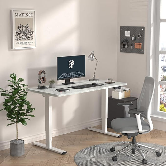 FLEXISPOT E6 3 Stages Dual Motor Electric Standing Desk 55x28 Inch Whole-Piece Board Height Adjustable Electric Sit Stand Desk（White Frame + Grey Wood Grain Desktop, 2 Packages）