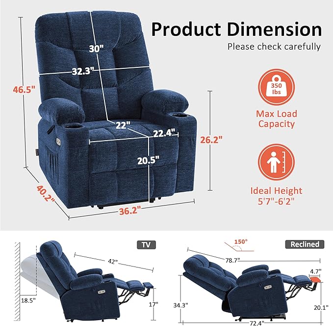 MCombo Power Lift Recliner Chair with Extended Footrest for Elderly People, Fabric 7283 (Navy Blue, Large)