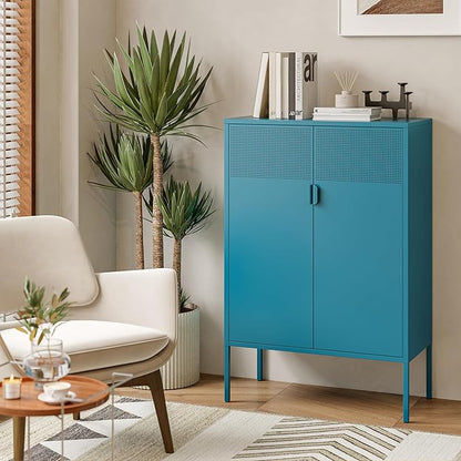 Blue Metal Storage Cabinet - 3 Tier Steel Office Storage Cabinet with Doors and Shelves for Home, Office and Kitchen