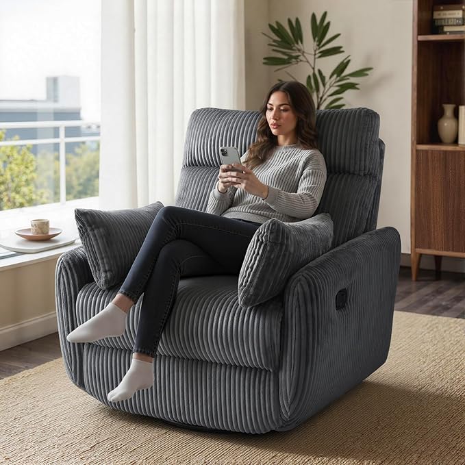 Swivel Recliner Chair for Adults, Corduroy Nursery Glider Rocking Chair, Armchair with 2 Pillows, Comfy High Back Reclining for Small Spaces, Nursery Bedroom Living Room (Corduroy Gray, 1 Pack)