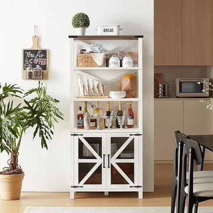 5 Tier Bookshelf 70" Tall Bookcase with Barn Doors,Large Farmhouse Display Book Shelf with Adjustable Shelves and Storage Cabinet，Library Wood Bookshelves for Living Room,Kitchen,White(2PCS)