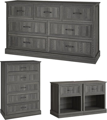 Farmhouse Dresser and Nightstand Sets, 4Pcs Bedroom Furniture Set, Nightstand Set of 2 & 55" Wide 7 Drawer and 44" Tall 5 Drawer Dresser with Large Drawers & Bar Handles, Grey
