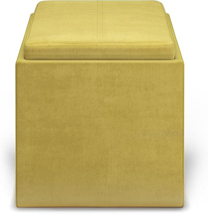 SIMPLIHOME Rockwood 18 inch Wide Contemporary Square Cube Storage Ottoman with Tray in Dijon Yellow Velvet Fabric, Assembled, For the Living Room, Entryway and Family Room