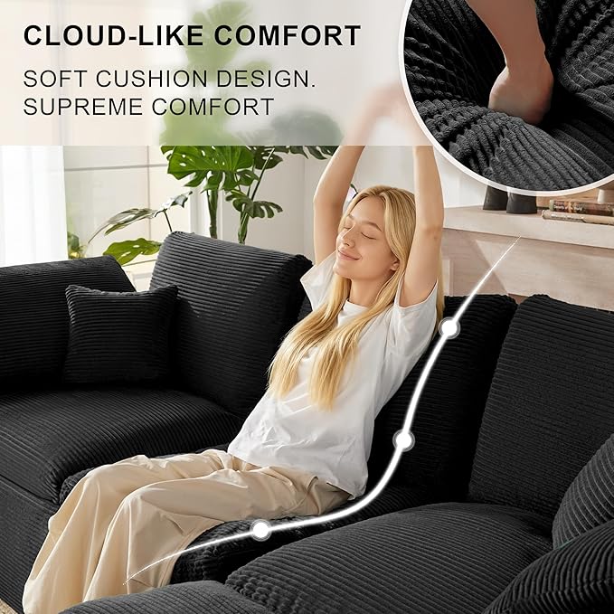 143" Cloud Sectional Couch, Boneless couches for Living Room，U Shaped Couch with Convertible Ottoman, Modular Sectional Sofa with Deep Seat, Comfy Soft Cushions, No Assembly, Black