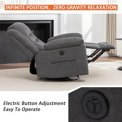 Power Swivel Rocker Recliner with Massage and Heat, USB Port, Infinite Position, Oversized Electric Glider Rocking Chairs Living Room, Soft Fabric Reclining Sofa Chair (Dark Grey Fabric)