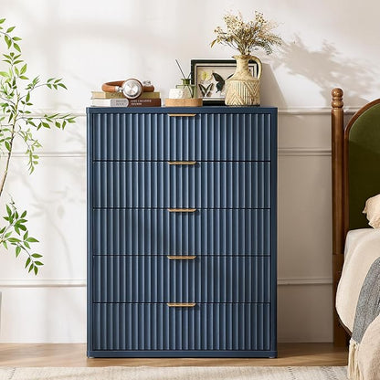 LEYAOYAO Fluted 5 Drawers Dresser Set of 2, 41" Tall Modern Chest of Drawers with Metal Handle, Curved Profile Dresser TV Stand, Wooden Drawer Organizer for Bedroom, Living Room, Hallway, Navy Blue