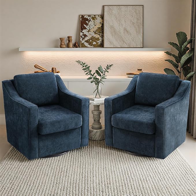 Pia Ricco 360° Swivel Accent Chair, Plush Oversized Chenille Fabric Armchair with Removable Cover for Living Room and Reception,Grey Blue