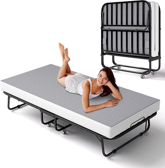 Folding Bed with Memory Foam Mattress, Portable Rollaway Guest Beds on Wheels, 75"x38" Twin Size Space-Saving Cot-Size Bed for Adults with Easy Assembly Metal Frame (Grey)