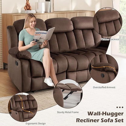 INZOY Manual Recliner Sofa with Padded Armrest, Wall-Hugger 3 Seat Reclining Love Seat Couches with Overstuffed Back, 3 Seater Reclining Chair for Living Room Theater Seating, Brown