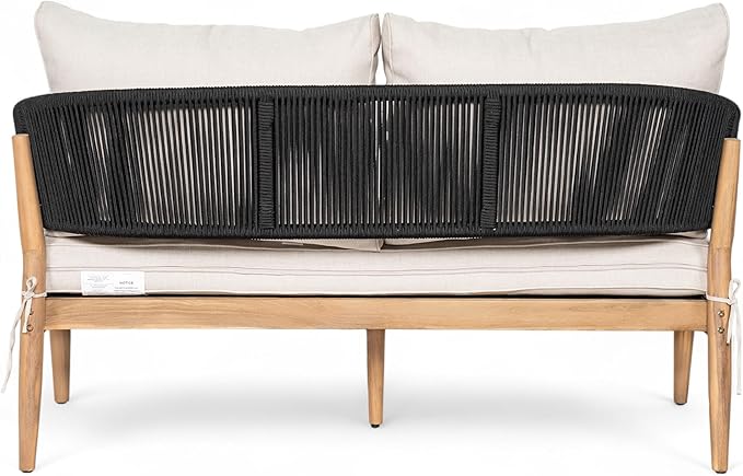 Christopher Knight Home Katarina Patio Acacia Wood Loveseat Furniture, Outdoor Loveseat Sofa with Comfy Fabric Cushions, 2-Seater Sofa with Handwoven Rope Backrest for Garden/Backyard, Black+Beige