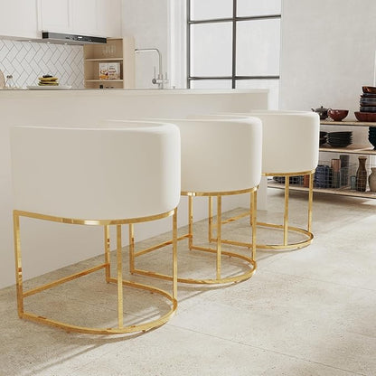 Contemporary Cream Velvet Bar Stool, 24" Upholstered Fabric Counter Height Barstool Kitchen Counter Island Stool with Screwed Together Golden Metal Base