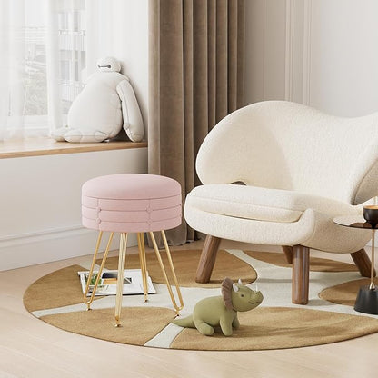 VECELO Round Vevlet Vanity Stool with Storage, 4 Metal Legs Vanity Seat with Anti-Slip Feet, Modern Vanity Chairs Footrest Furry Padded Seat, Space Saving, Easy to Clean for Makeup, Bedroom, Pink