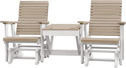 DutchCrafters Modern Horizontal Slat High Back Poly Double Glider Chairs with Center Table Outdoor Patio Furniture (White & Weatherwood)