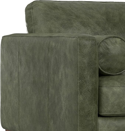 SIMPLIHOME Morrison Accent Chair - 43 inch Wide Upholstered Top Grain Genuine Leather Mid-Century Modern Arm Chair with Solid Wood Frame in Moss Green, for Living Room with 2 Bolster Pillows